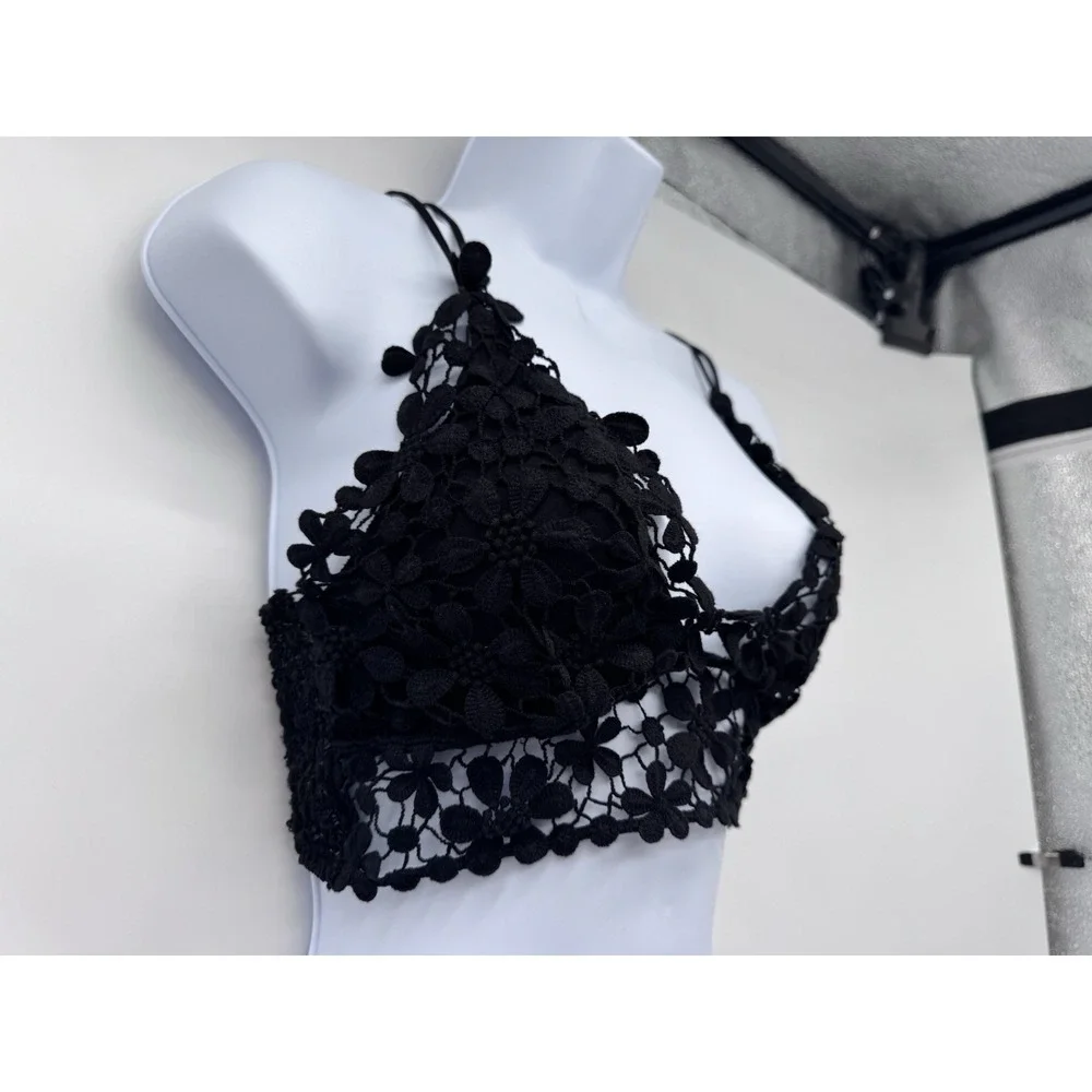 Black Crochet Lace Bralette Crop Top Strappy Boho Fairy Festival whimsigoth
